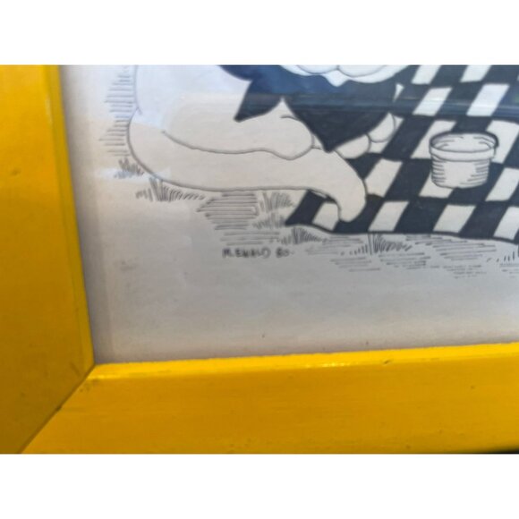 Vtg 1980's Detroit Artist Mary Ewald Pen And Ink Art 3 Cats At A Picnic Black - Picture 2 of 7